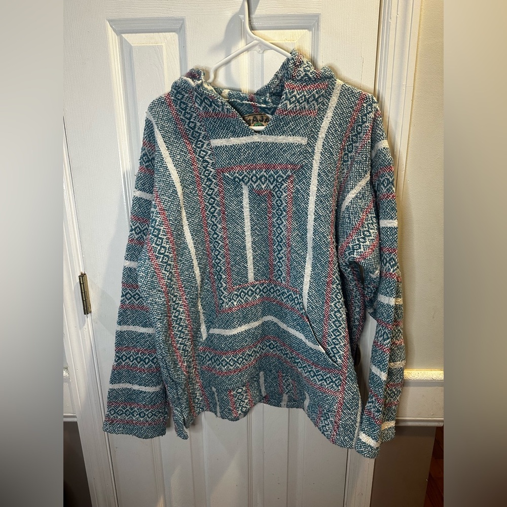 Baja Joe Mexican Woven Hoodie Blue Pink White Pattern Large